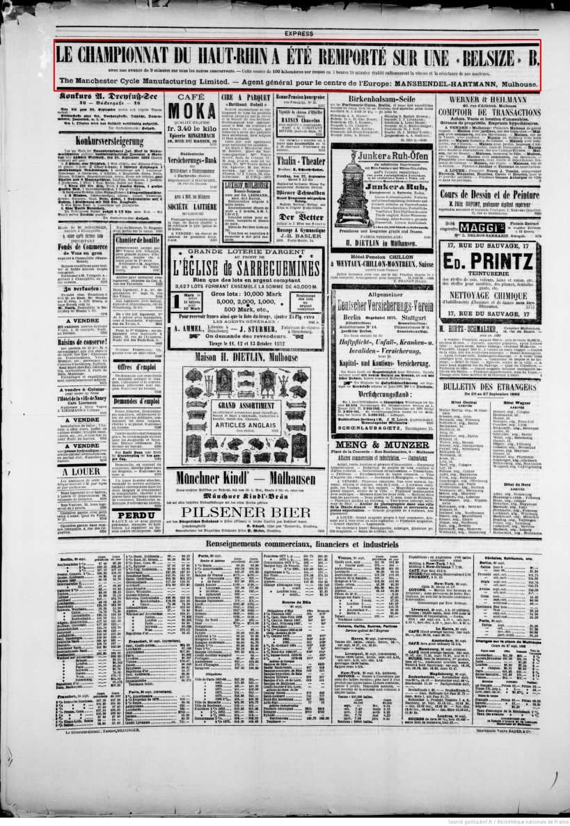Journal L'Express de Mulhouse du 27 septembre 1892 (p.4) : le championnat du Haut-Rhin a été remporté sur une Belsize B, MANSBENDEL-HARTMANN agent général pour le centre de l'europe.